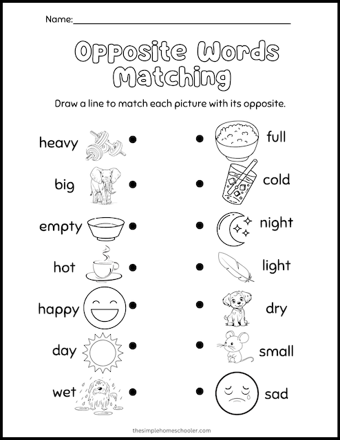 Silly Opposites worksheet for kindergarten students featuring a fun matching exercise with pictures