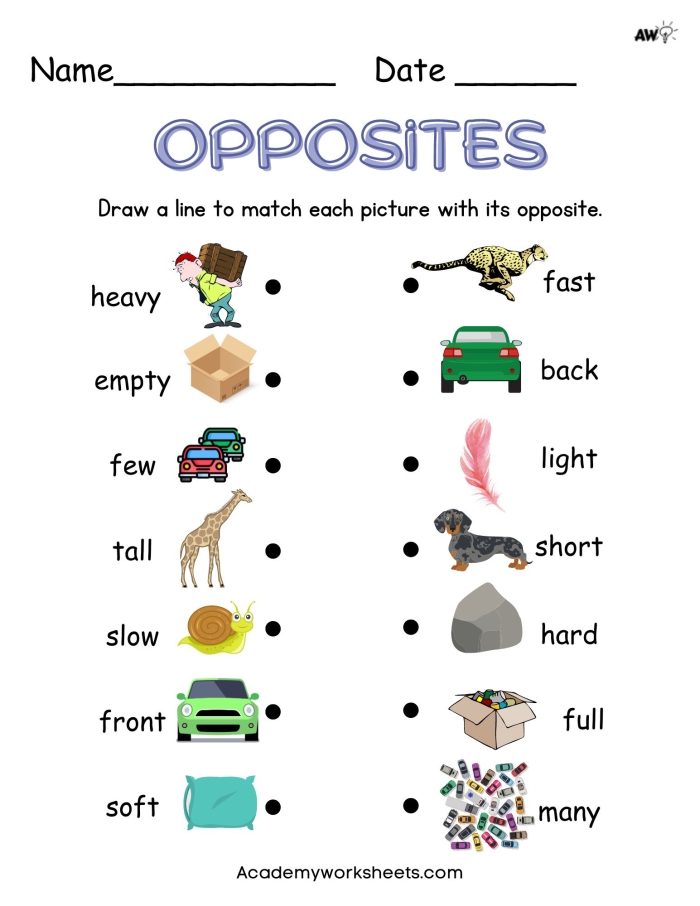 Silly Opposites worksheet for kindergarten students featuring a matching exercise with various images