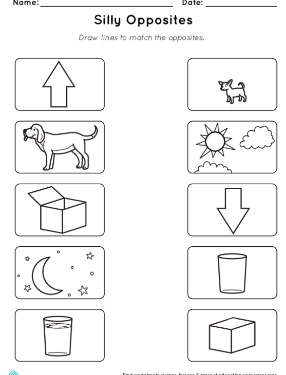 Silly Opposites worksheet for kindergarten students featuring a matching exercise with images