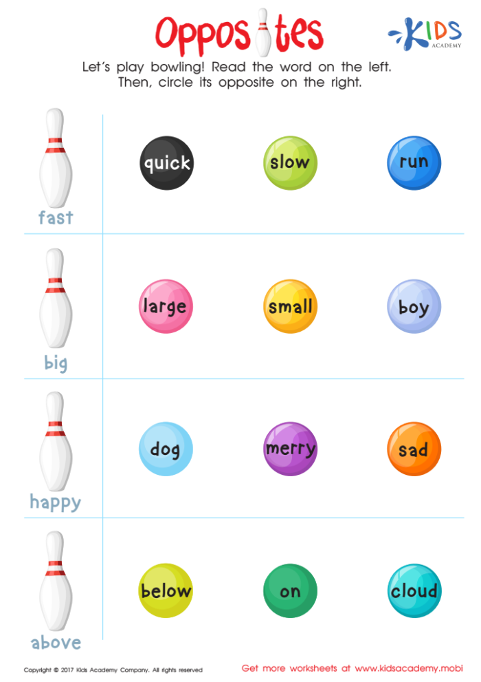 Silly Opposites worksheet for kindergarten students featuring matching pictures of contrasting concepts