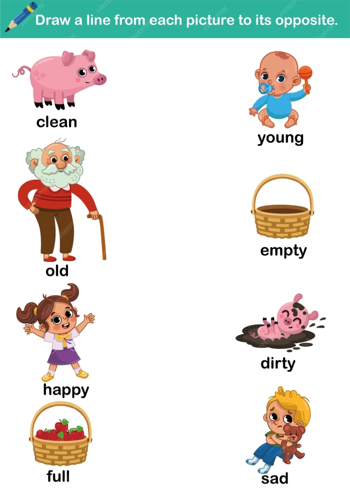 Silly Opposites worksheet for kindergarten students featuring a matching exercise with colorful images