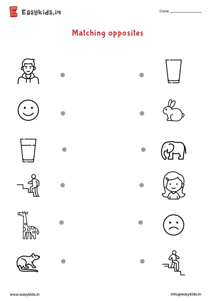 Silly Opposites worksheet for kindergarten with images to match different opposites