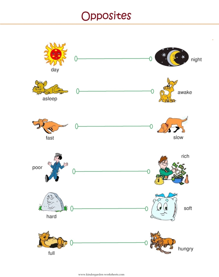 Silly Opposites worksheet featuring matching pictures for kindergarten students