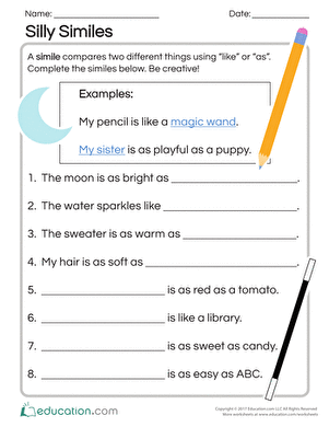 Engaging worksheet for students to complete fun similes and share them Silly Similes worksheet for second graders encouraging creative writing