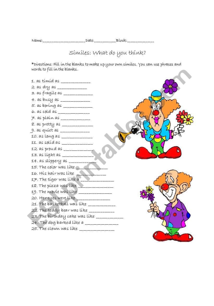 Engaging worksheet for students to explore fun similes and share their creations Silly Similes worksheet for second graders encouraging creative writing and expression