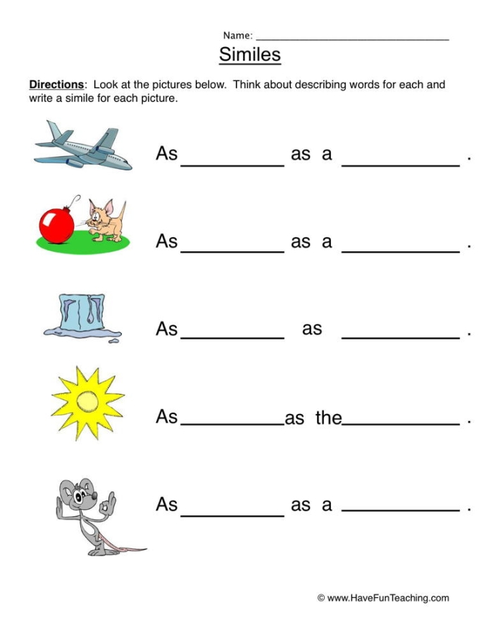 Engaging worksheet to inspire creativity in writing similes for young learners Silly Similes worksheet for second graders featuring fun illustrations and activities