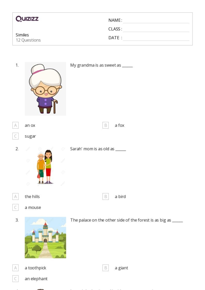 Writing worksheet for Second Grade Silly Similes worksheet for second graders to inspire creativity in writing. Fun and engaging activity for students to complete and share their similes.