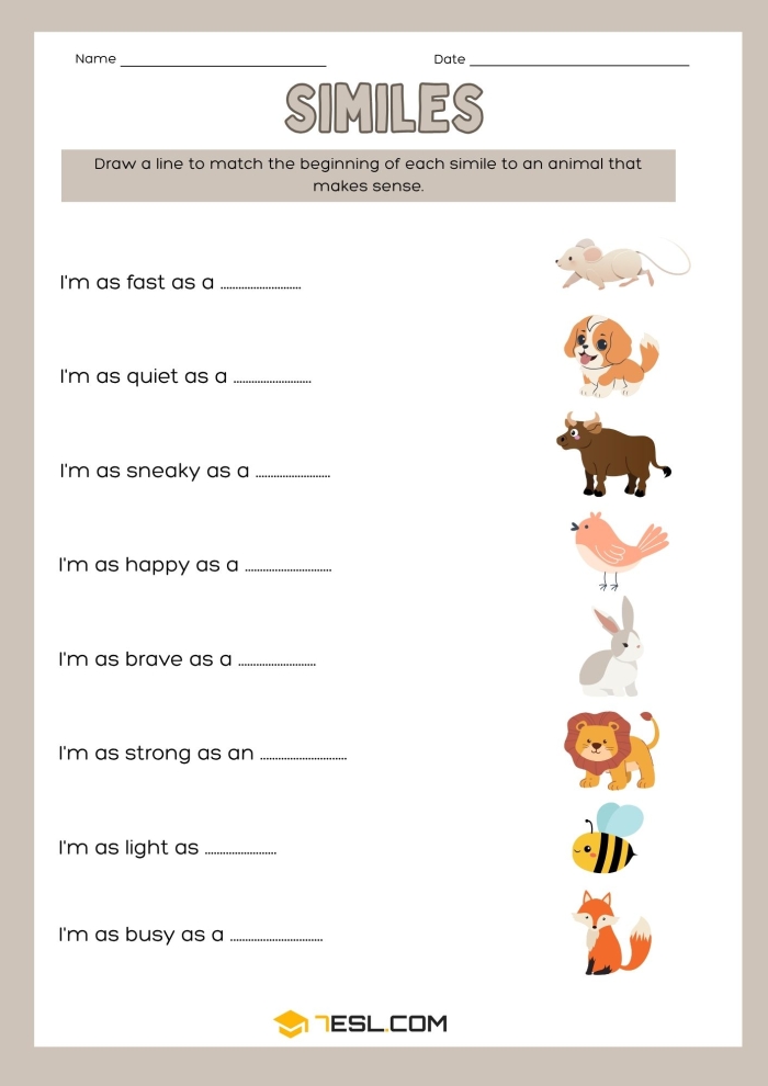 Engaging Silly Similes activity for creative writing in the classroom Silly Similes worksheet for second graders featuring playful illustrations of similes