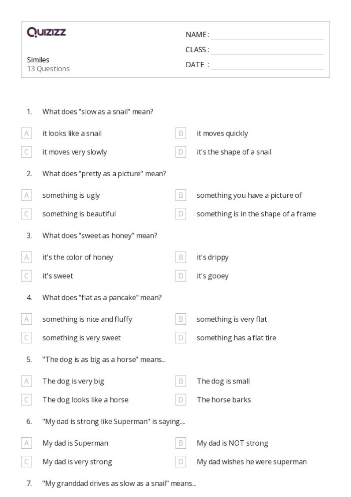 Engaging image of a fun worksheet where students create imaginative similes Silly Similes worksheet for second grade students to enhance their writing skills