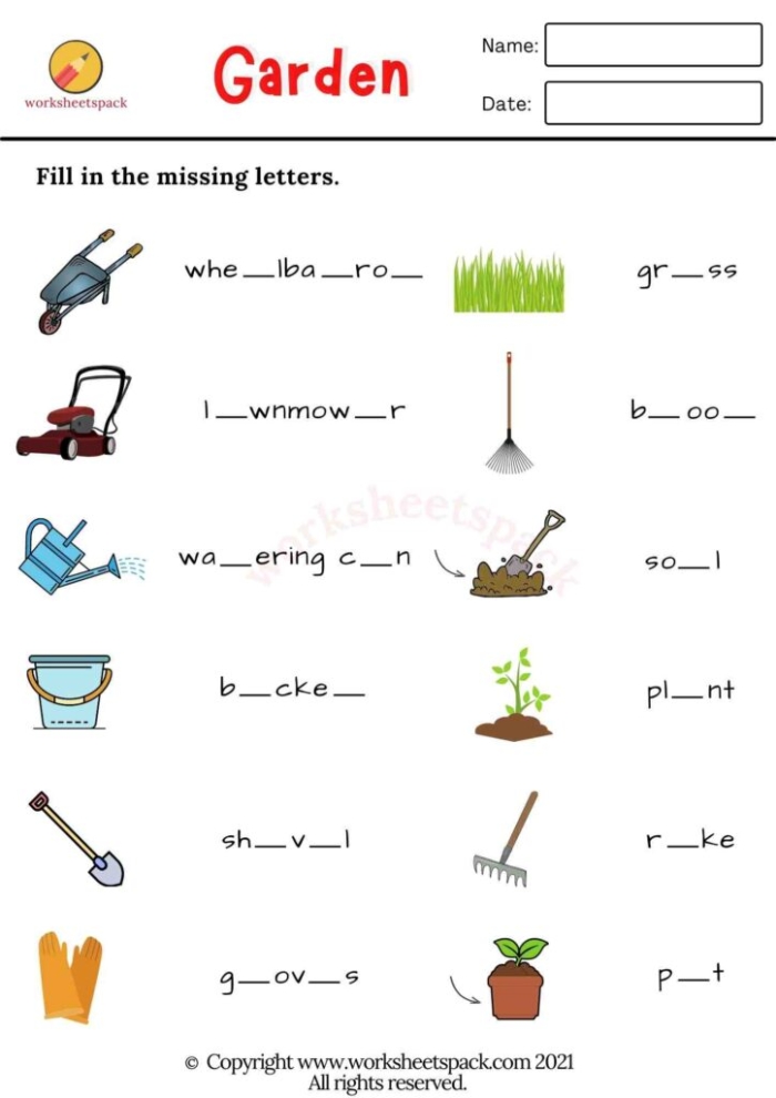 A cartoon garden scene with blank spaces for students to write silly story words about plants and animals