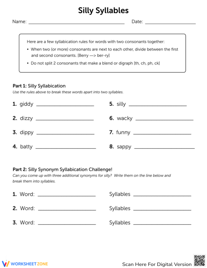 Engaging exercise for third-grade students to enhance their syllable recognition skills Silly Syllables worksheet designed for third graders to practice breaking down words into syllables
