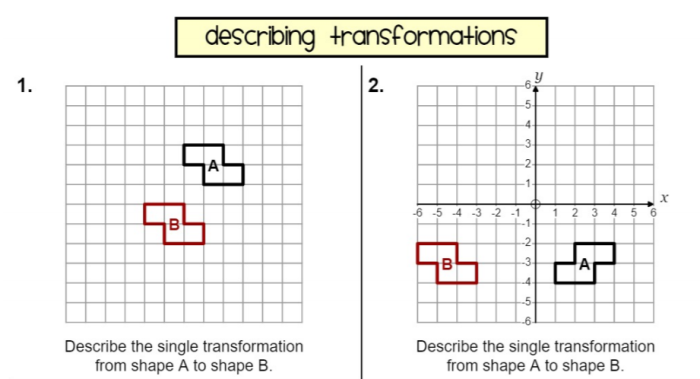 Eighth grade geometry worksheet featuring practice problems on identifying and describing geometric transformations for similar figures