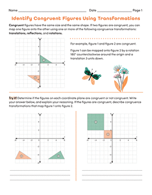 Eighth grade geometry worksheet featuring practice problems on identifying transformations between similar figures