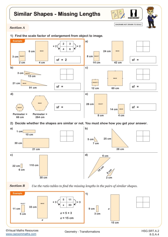 Two geometric figures with corresponding angles and sides marked, showing how one figure transforms into another through rotation, reflection, or scaling