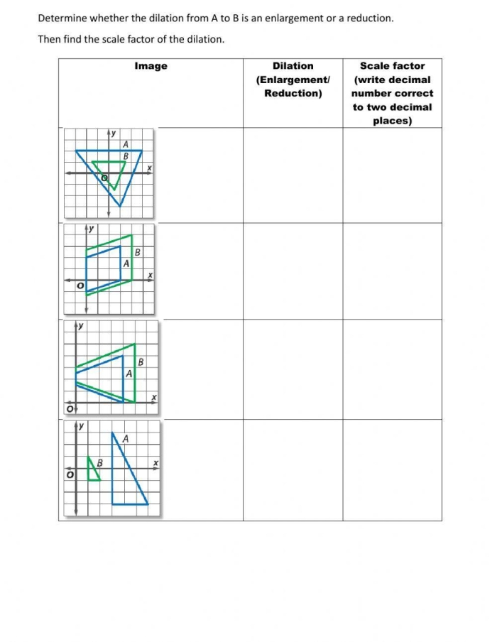 Eighth grade math worksheet showing geometric shapes being mapped through various transformations
