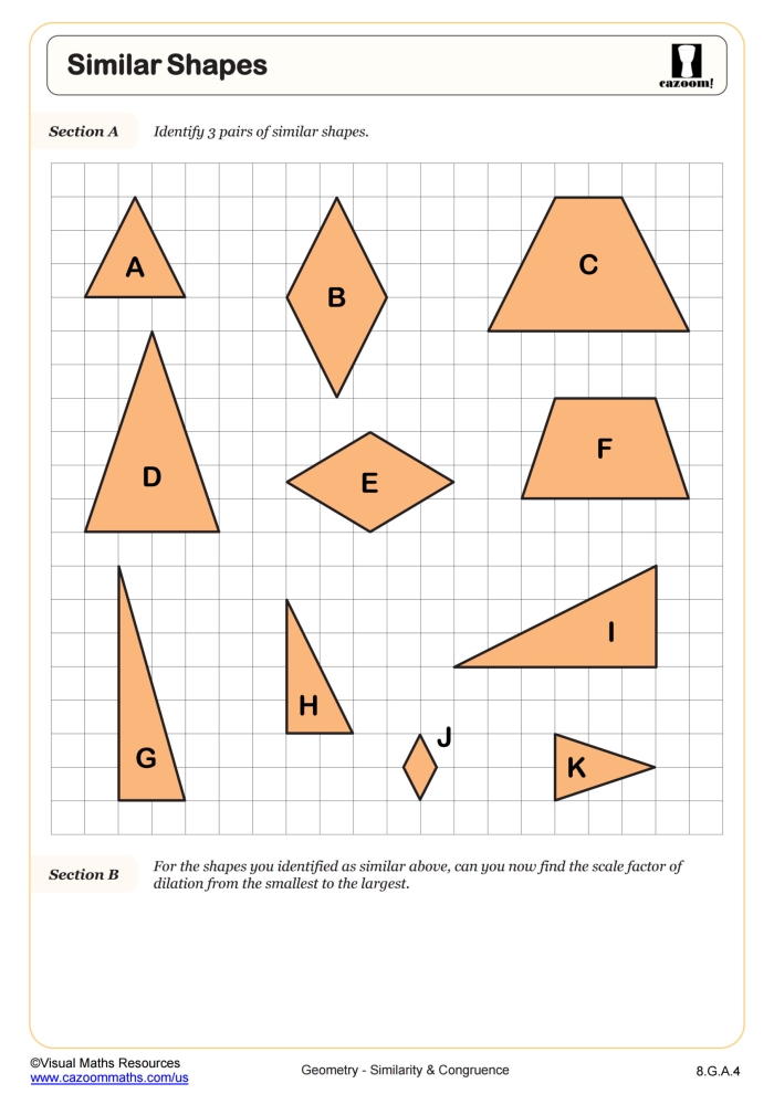 Two eighth-grade geometry figures showing congruent shapes with arrows indicating rotation and scaling transformations