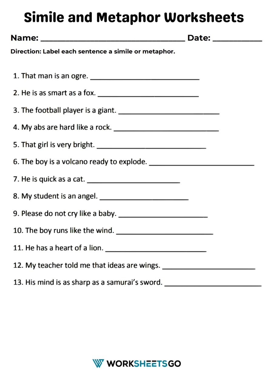 Simile and metaphor worksheet for second graders focusing on distinguishing between the two concepts