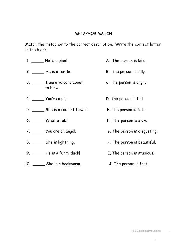 Simile and metaphor worksheet for second graders to enhance grammar skills