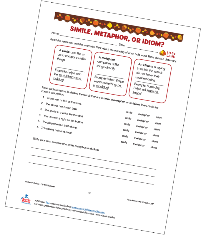 Simile or metaphor worksheet designed for second graders to practice identifying figurative language