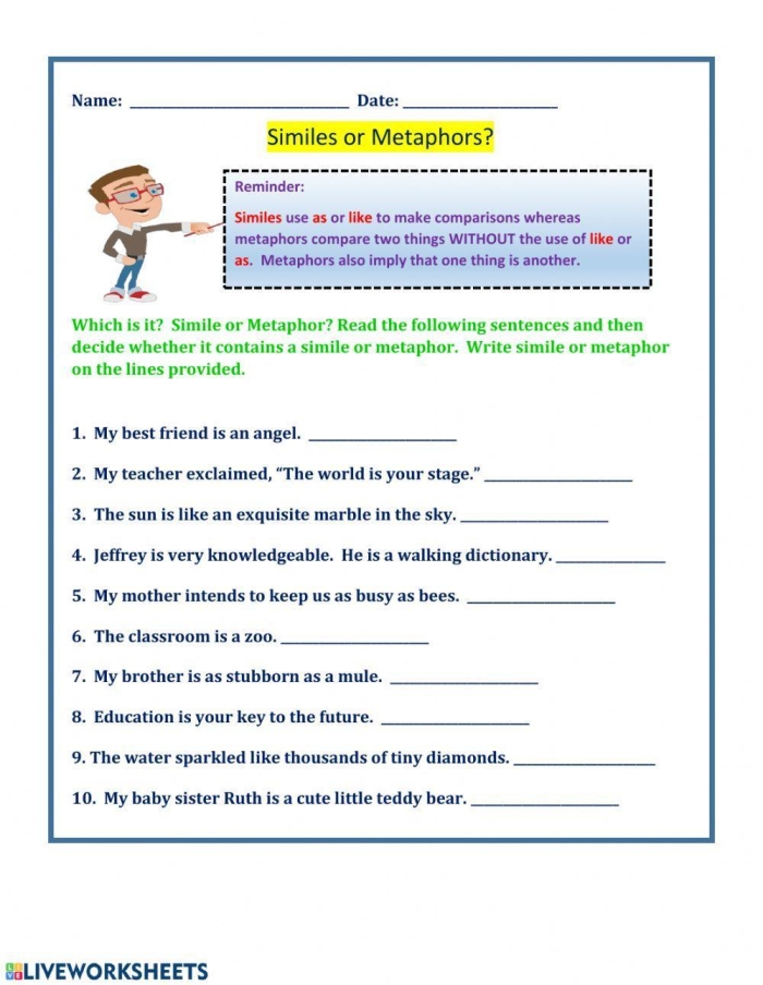 Second grade worksheet featuring multiple choice questions to help students identify the differences between similes and metaphors