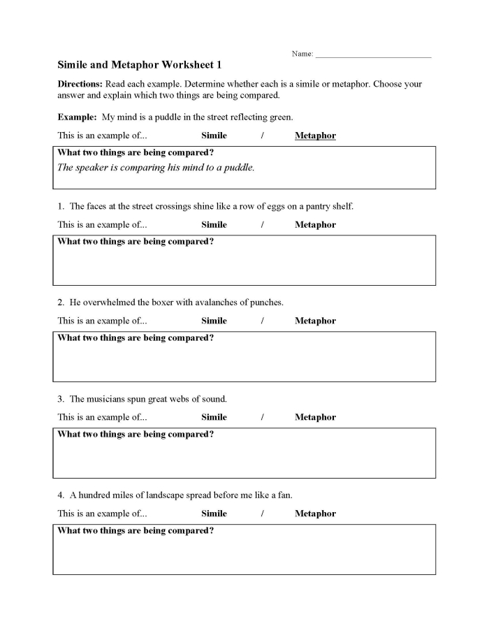 Simile and metaphor worksheet for second graders featuring a multiple choice activity