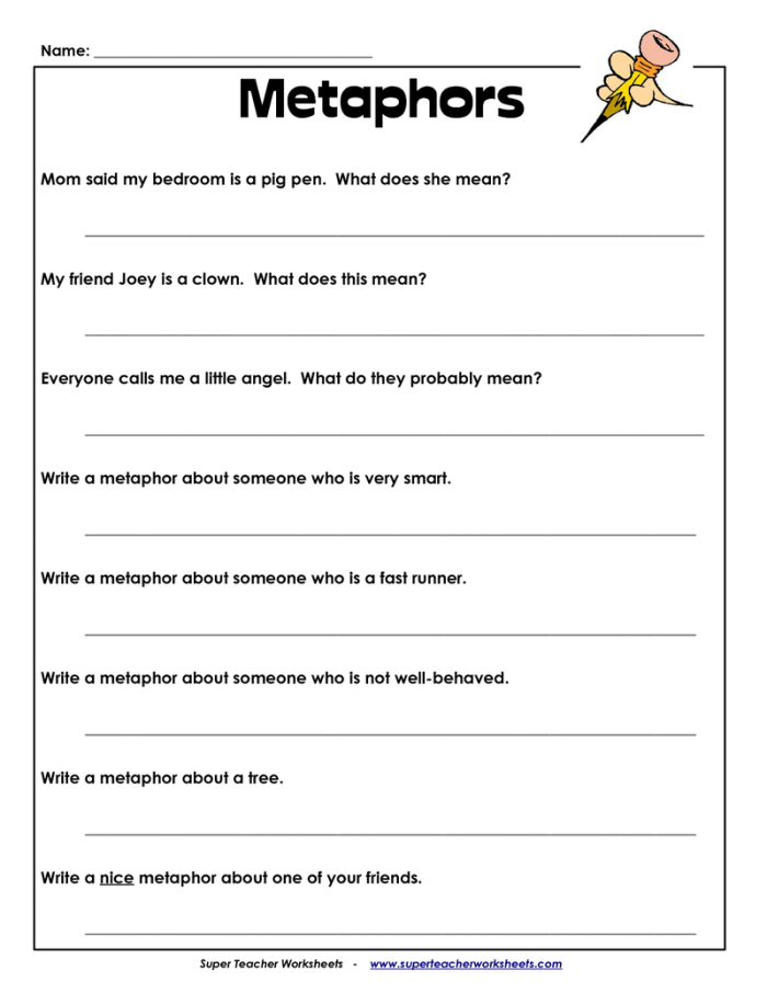 Simile and metaphor worksheet for second graders featuring a multiple choice activity