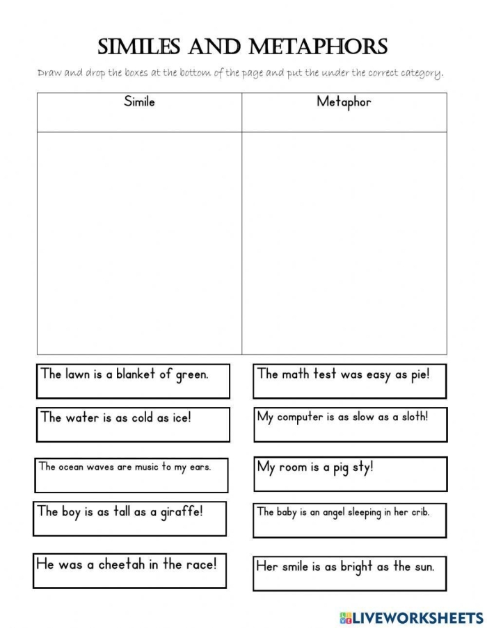Second grade students identify and distinguish between similes and metaphors in this multiple choice grammar worksheet