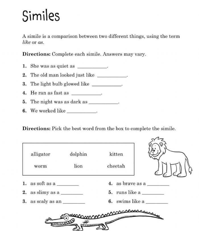 Simile and metaphor worksheet for second graders focusing on understanding differences