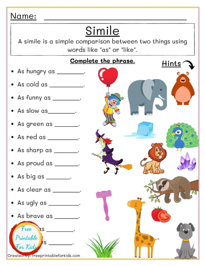 Worksheet featuring similes for second graders with fill-in-the-blank activities