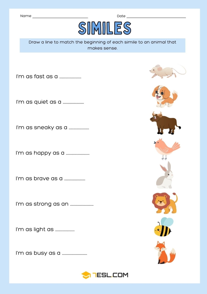 Similes worksheet for second graders featuring a fill-in-the-blank exercise on popular similes