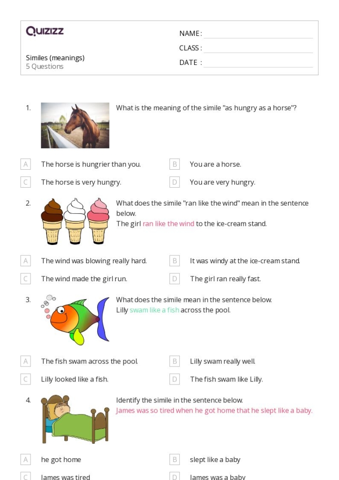 Worksheet featuring similes for third graders, showcasing images to help complete comparisons. Similes: Clear as Crystal worksheet for Number Theory.