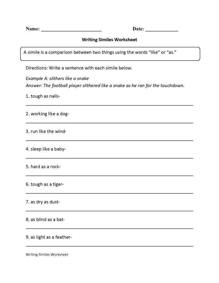 Worksheet featuring similes related to clarity and quietness for third graders