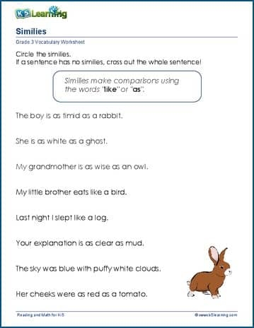 Worksheet depicting similes with engaging visuals for third graders