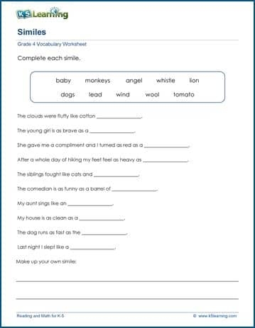Kids engaging with a similes worksheet featuring visual clues and comparisons. Worksheet image for Similes: Clear as Crystal activity for third graders.