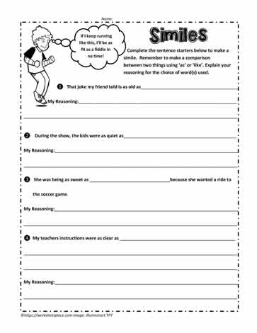 Similes worksheet for third graders featuring images to help complete similes like "as quiet as a mouse