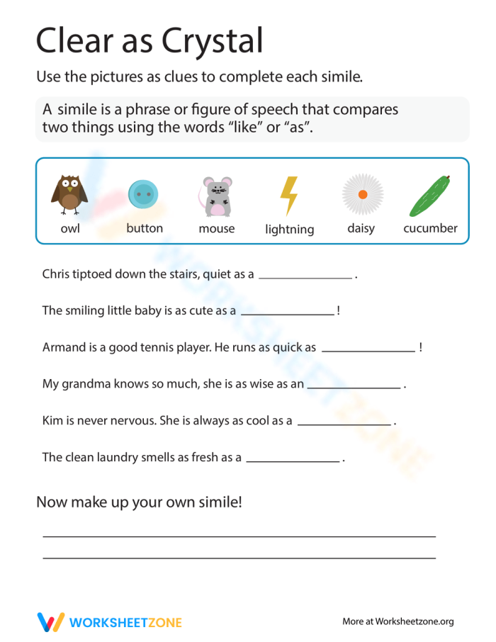 Worksheet featuring similes with visual clues for third graders