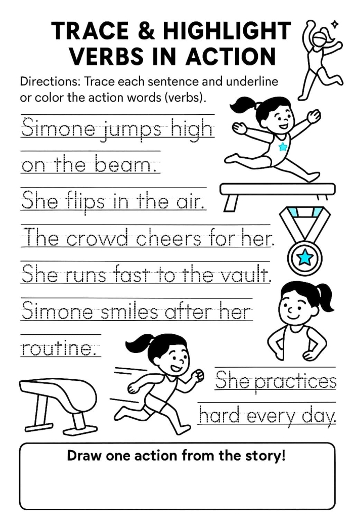 Preschool worksheet featuring Simone Biles for tracing practice and coloring