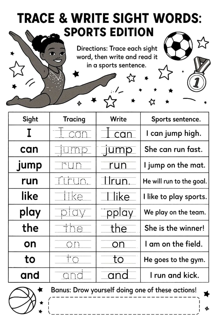 Preschool handwriting worksheet featuring a drawing of Simone Biles for children to trace and color