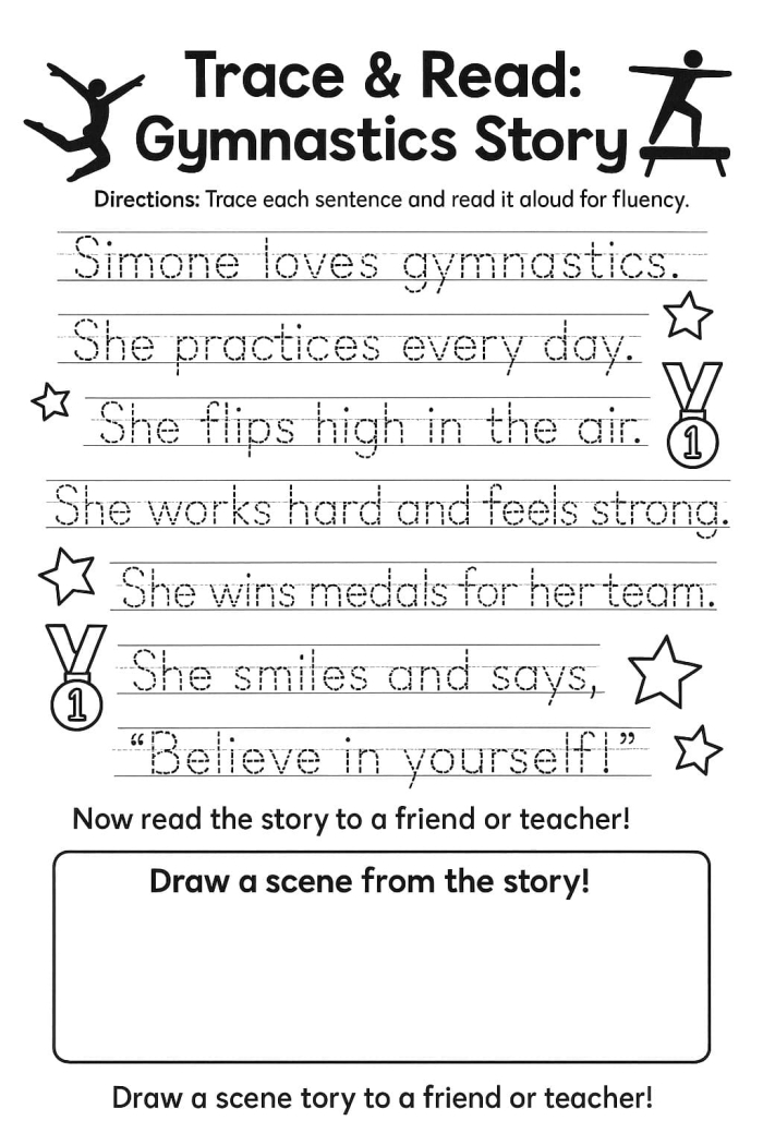 Preschool worksheet featuring a picture of Simone Biles for students to practice handwriting and tracing skills