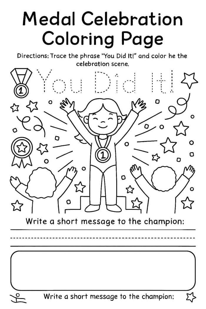 Pre-K worksheet featuring a Simone Biles illustration for tracing and handwriting practice