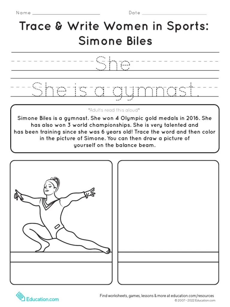 Preschool tracing and coloring worksheet featuring Olympic gymnast Simone Biles with dotted letters and simple illustrations for handwriting practice
