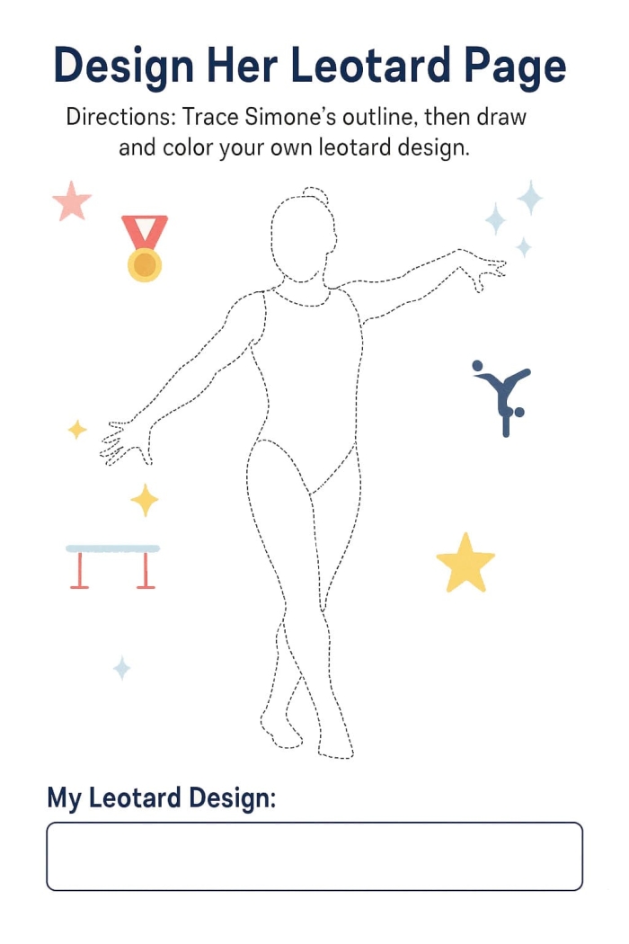 Preschool tracing and coloring worksheet featuring Olympic gymnast Simone Biles with dotted letter outlines for handwriting practice