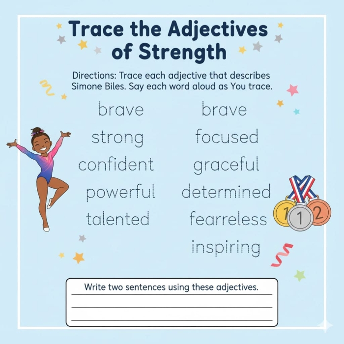 Preschool handwriting worksheet featuring a drawing of Simone Biles for children to trace and color