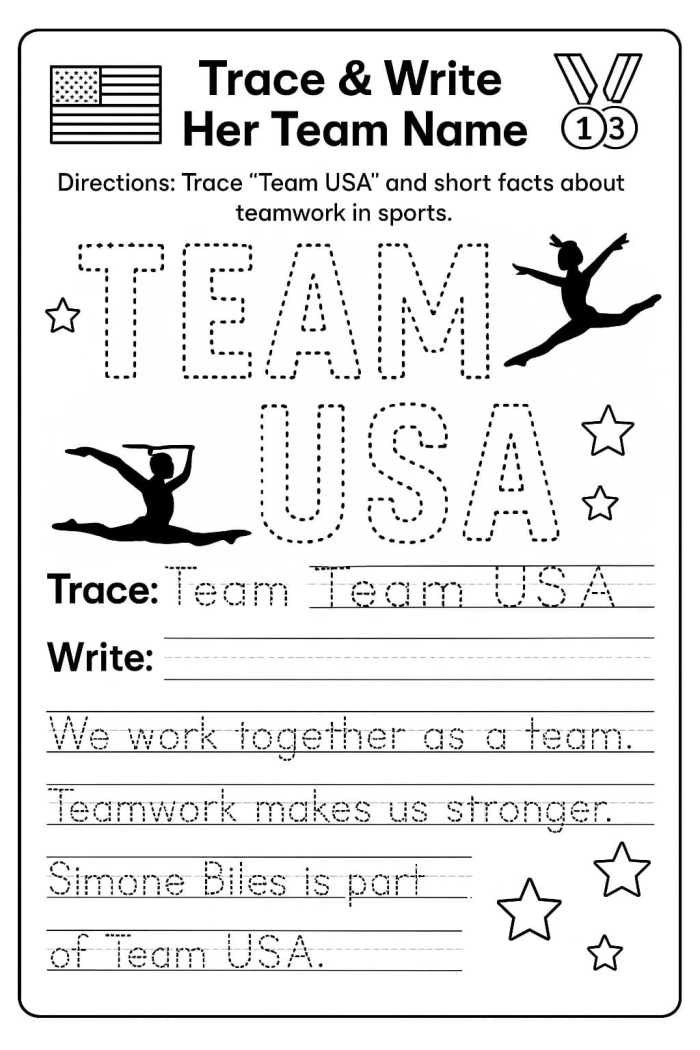 Preschool worksheet featuring a gymnast illustration and tracing lines for practicing writing Simone Biles