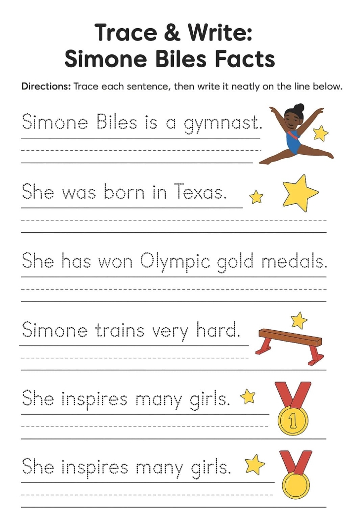 Preschool handwriting practice worksheet featuring Simone Biles with tracing lines and coloring activity for early writers
