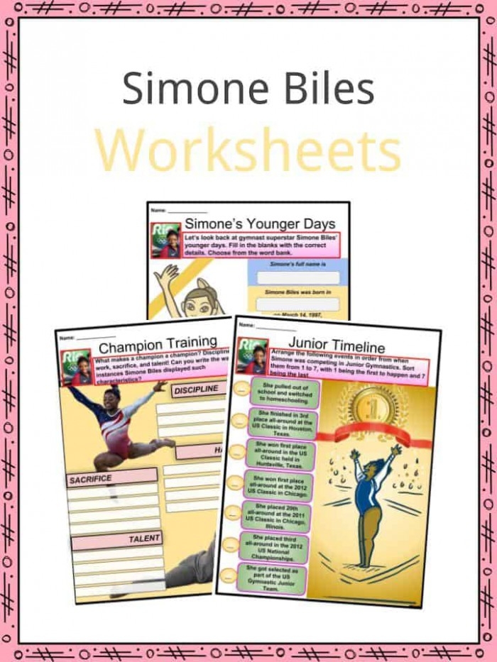 Preschooler worksheet featuring a tracing activity about Olympic gymnast Simone Biles