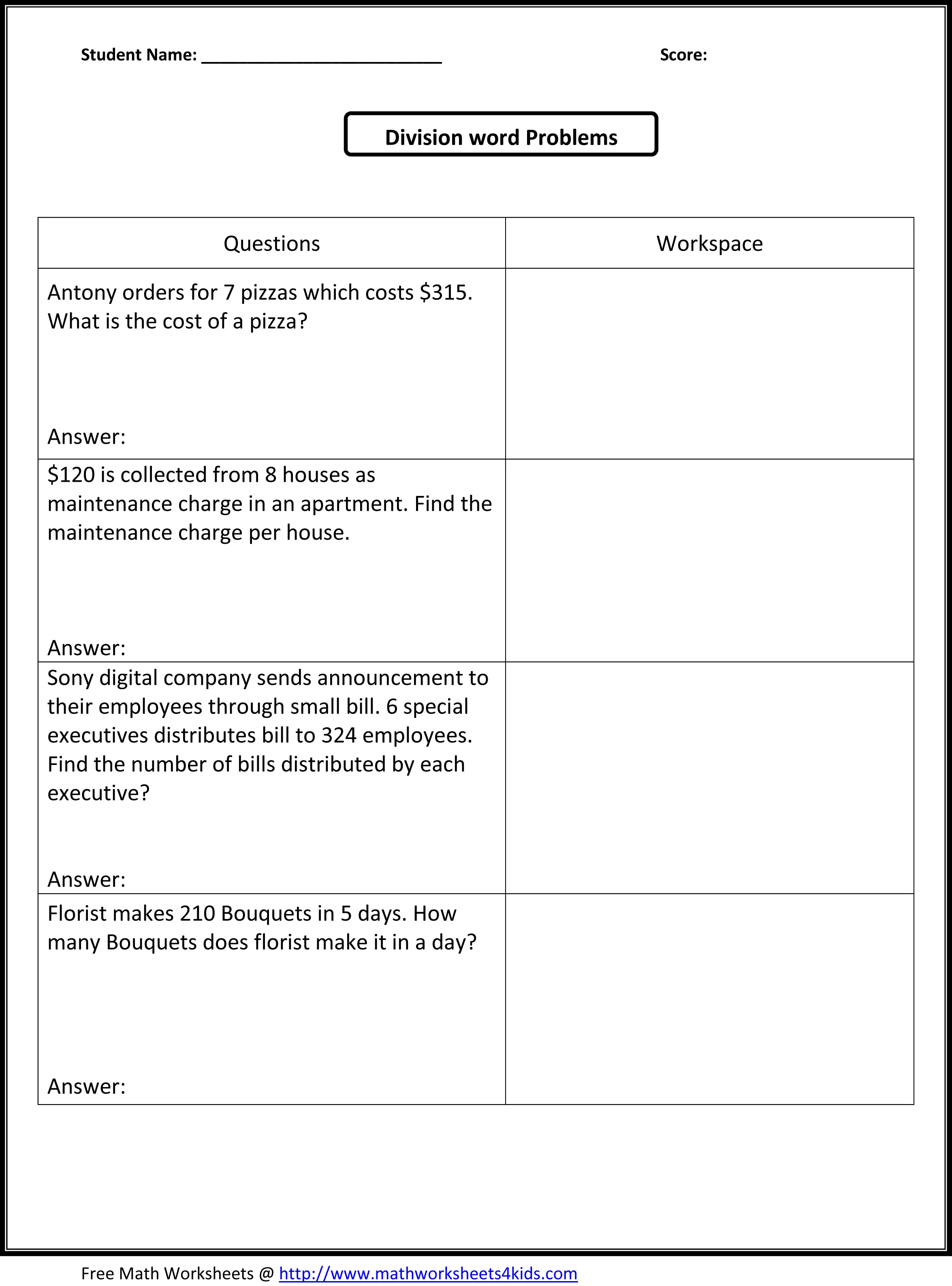 Simple Division Word Problems Practice Sheet for Elementary Math Learners Fourth grade students solving simple division word problems with colorful illustrations and clear instructions on worksheet 21