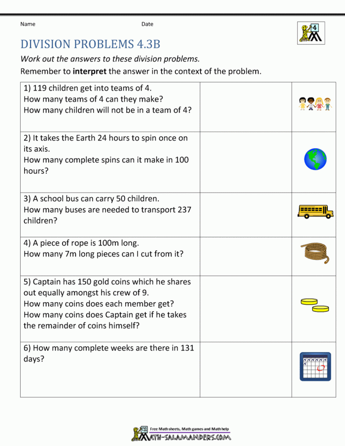 Simple Division Word Problems Worksheet for Grade 4 Math Lesson 15 Fourth grade student worksheet featuring seven simple division word problems for math practice
