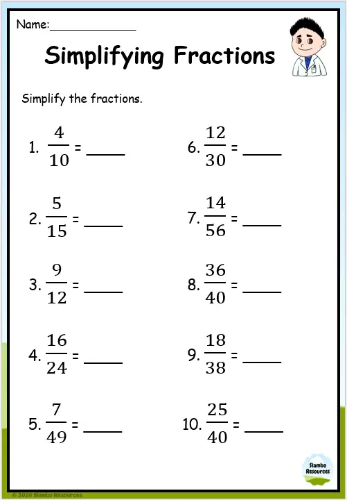 Simple Fractions with Sylvia Worksheet Number 10 for Fourth Grade Math Practice Fourth grade student completing the Simple Fractions with Sylvia math worksheet featuring colorful cartoon characters