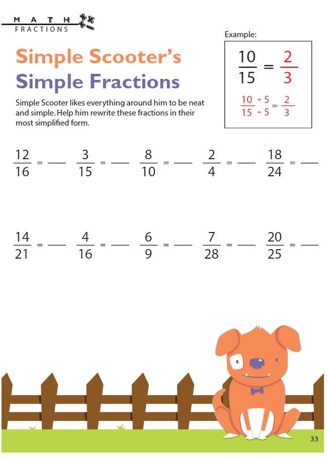 Fractions worksheet for Fourth Grade Simple Fractions worksheet featuring cartoon characters to engage fourth graders in reducing fractions. Fun and educational Simple Fractions with Scooter worksheet for fourth-grade math practice.
